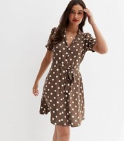 New Look Brown Spot Revere Collar Mini Shirt Dress